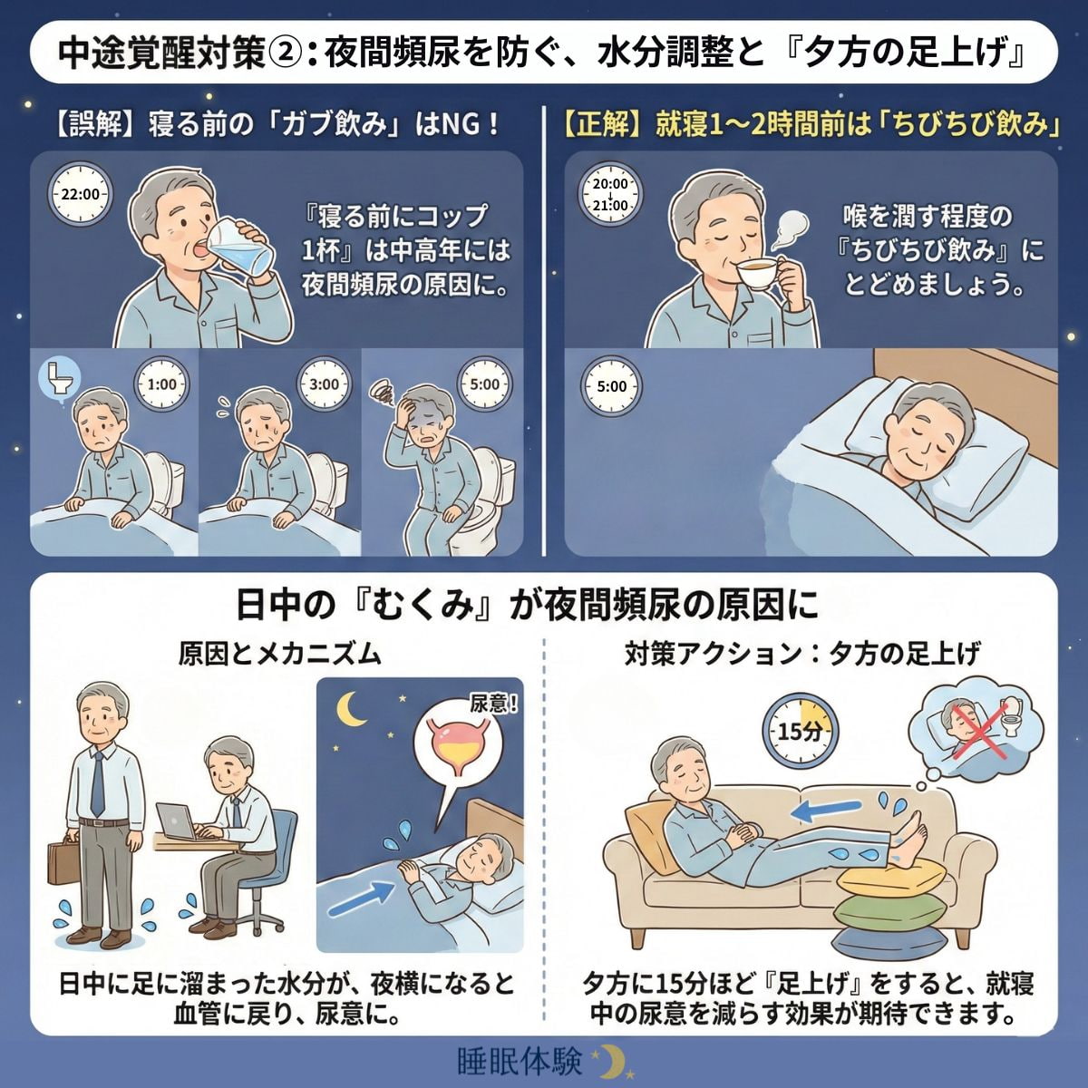 中途覚醒対策：夜間頻尿を防ぐ、水分調整と「夕方の足上げ」