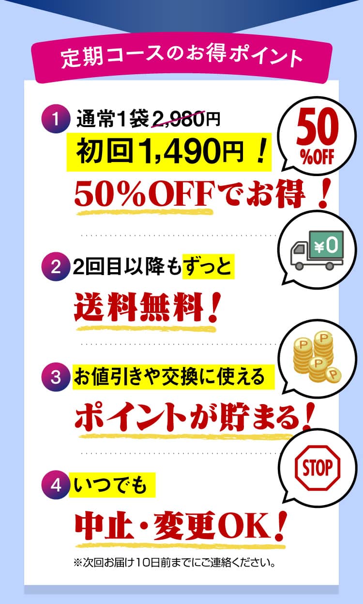 定期コースのお得ポイント 1.通常 1袋2,980円 初回1,490円! 2.2回目以降もずっと送料無料! 3.お値引きや交換に使えるポイントが貯まる! 4.いつでも中止・変更OK!