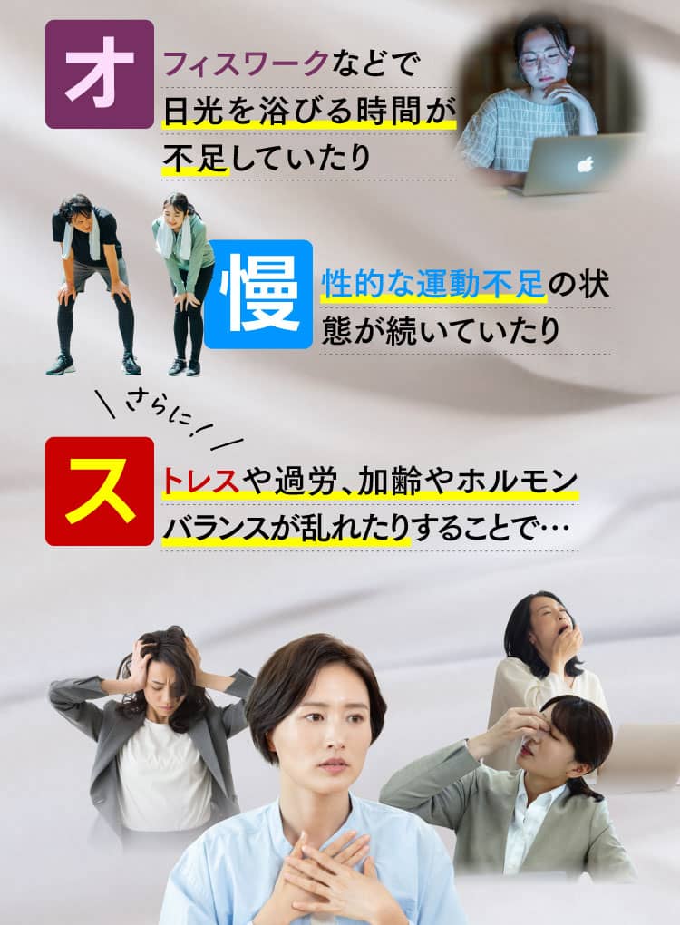オフィスワークなどで日光を浴びる時間が不足していたり 慢性的な運動不足の状態が続いていたり ストレスや過労、加齢やホルモンバランスが乱れたりすることで…