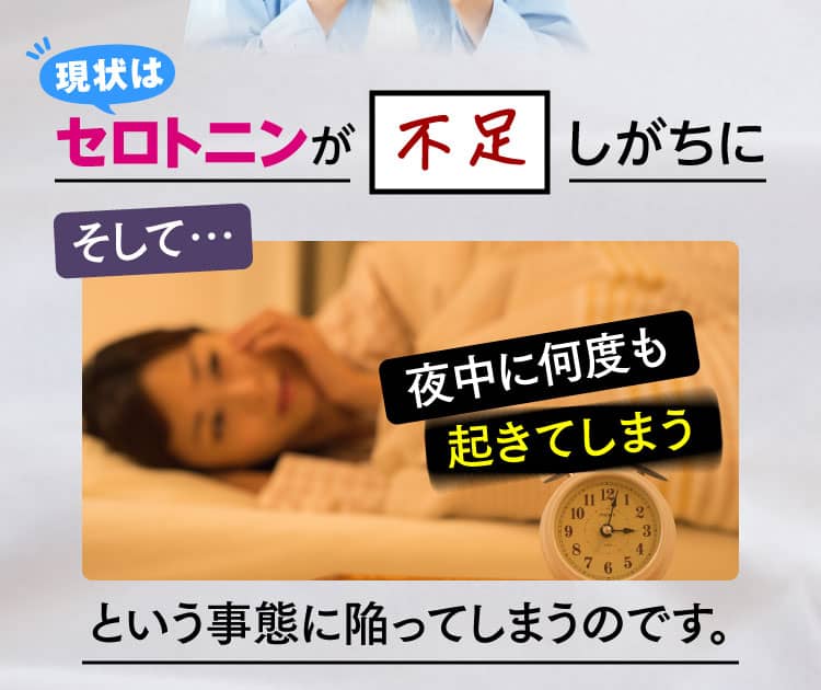 現状はセロトニンが不足しがちに そして…夜中に何度も起きてしまうという事態に陥ってしまうのです。