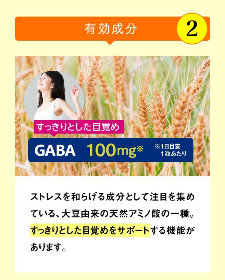 有効成分2[GABA] ストレスを和らげる成分として注目を集めている、大豆由来の天然アミノ酸の一種。すっきりとした目覚めをサポートする機能があります。